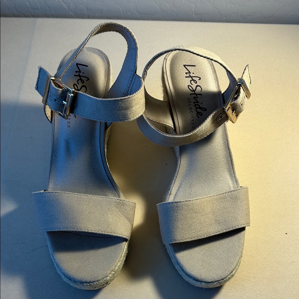 Life Stride Beige Canvas Wedge Sandals